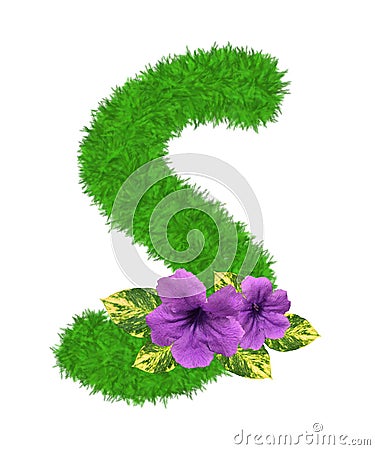 3D â€œGreen grass leaves and purple flowersâ€ creative decorative natural Letter S, Character S isolated in white background. Stock Photo